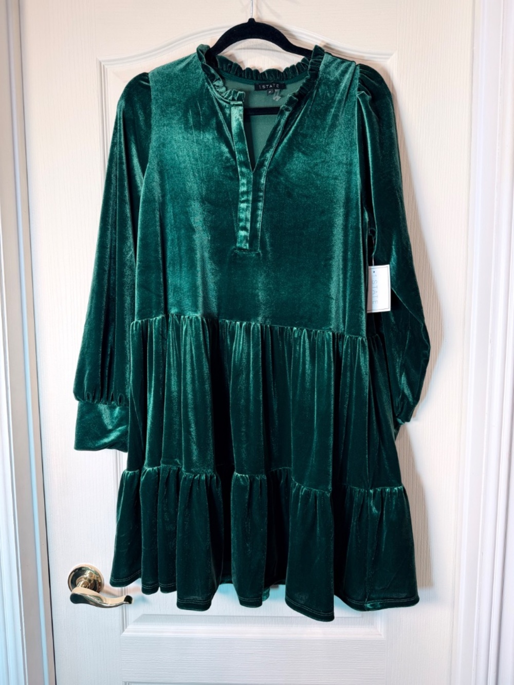 NWT  1.State Forest Green Velvet Tiered Dress XLPuff Sleeve Holiday Cottagecore